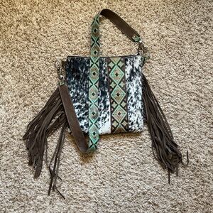 4W Custom Leather Black and White Cowhide with Brown Fringe Shoulder Bag